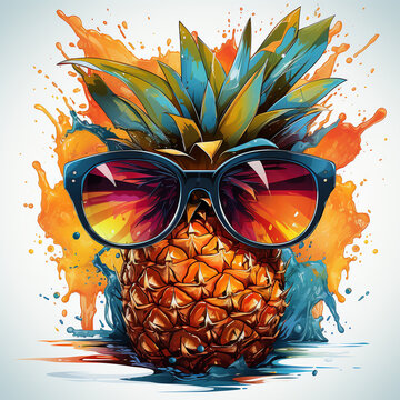 Pop art the image of a pineapple with a glasses. summer t-shirt