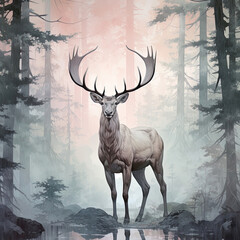 A majestic Moose stands tall against a wilderness pastel backdrop, reflecting strength and solitude.