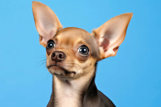 A funny contradiction of a playful Chihuahua trying to look serious.