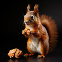A charming squirrel with a bushy tail prepares to nibble a nut against a solid brown background.