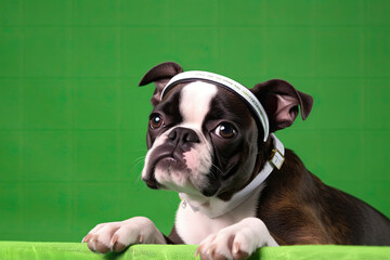 A Boston Terrier looking sporty with a tennis headband.