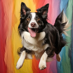 Energetic and intelligent Border Collie leaps in front of vibrant pastel background.
