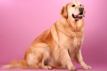 An obedient Golden Retriever with immaculately groomed golden fur sitting on a soft pink backdrop, wearing a look of proud accomplishment.