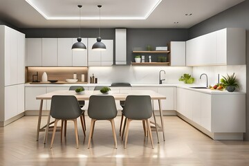 Fototapeta premium Modern new light kitchen interior with white furniture and dining table.