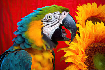 Obraz premium A vibrant and lively Macaw enjoying a sunflower snack.