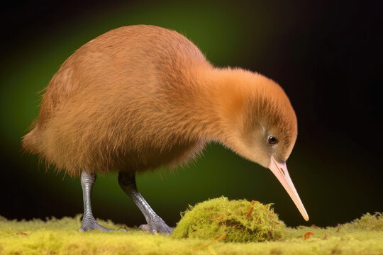 A Kiwi with brown, fluffy plumage and a long, pointed beak sniffs the air against a moss green backdrop, creating a unique and endearing image.