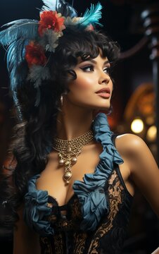 Portrait of beautiful woman in luxurious vintage outfit, burlesque style.