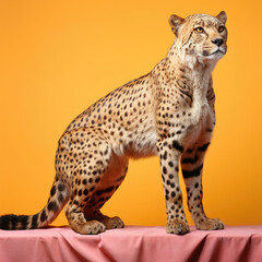 A lean and focused cheetah stretches against a vibrant pastel backdrop, exuding readiness and anticipation.