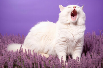"A stunning Persian cat with white fur and copper eyes mid-yawn on a lavender background."