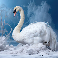 A swan with a graceful curve and pure white feathers against an icy blue background exudes beauty and grace.