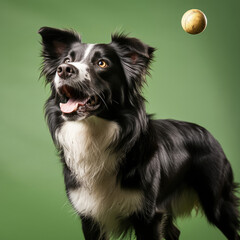 A clever Border Collie performs a trick against a grassy pastel backdrop.