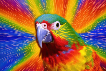 Obraz premium A dynamic and vivacious image of a vibrant parrot chattering against a rainbow-striped backdrop.