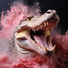 Obraz premium A powerful and dangerous Nile Crocodile with sharp teeth in a swampy pastel setting.