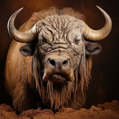 Naklejka premium A wise old Buffalo stands firm against a rugged brown pastel background.