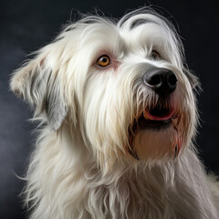 A wise Old English Sheepdog gazes thoughtfully in a studio with a white pastel background, conveying wisdom and understanding.