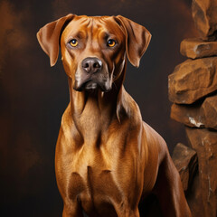 A stubborn dog stands firm in a studio with a brown pastel background, showing determination and a refusal to budge.