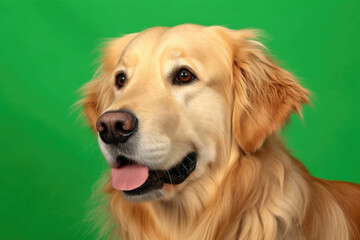 "Headshot of a Canis lupus familiaris, a Golden Retriever, with a golden coat and light brown eyes on a vibrant green backdrop."