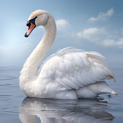 Fototapeta premium A beautiful white swan with a long neck and delicate feathers glides against a serene pastel background.