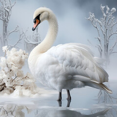 A beautiful white swan with a long neck and delicate feathers glides against a serene pastel background.