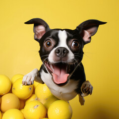 A lively Boston Terrier showcases pure enthusiasm against a lemon pastel background.