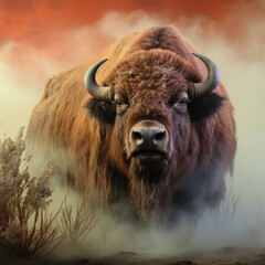 A robust Bison reflects resilience and grandeur against a prairie pastel background.