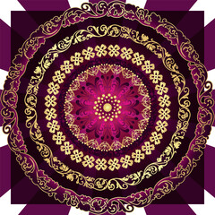 Vector round gold-purple vintage pattern with beams
