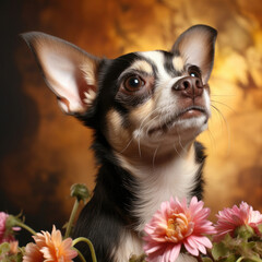 A vulnerable and sweet Chihuahua poses against a pastel backdrop.