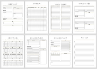 Minimalist planner pages templates .video planner,
online stats, hashtag tracker, compaign manager, income tracker, social media tracker, Social Media Analyst, to do - list,