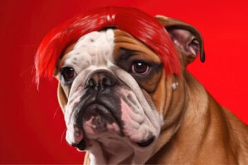"Headshot of a Bulldog with a brachycephalic head and round eyes, highlighted against a solid red backdrop."