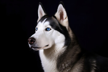 A stunning Siberian Husky with blue eyes and a black-and-white coat on a solid black background.