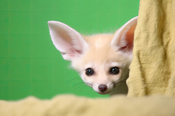 A timid Fennec Fox with expressive eyes hiding behind its tail.