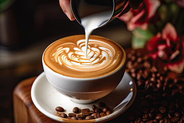 Close-up of a barista pouring latte art into a cup
