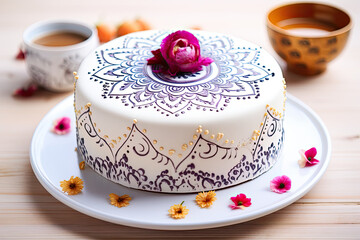 Cake with a mandala-inspired design and intricate henna patterns. Boho wedding cake.