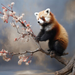 Obraz premium A playful red panda with a fluffy tail climbs against a pastel backdrop, exuding whimsical charm.