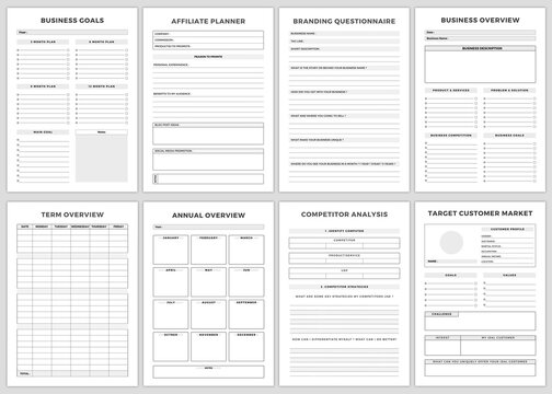Minimalist planner pages templates. Printable Business Planner Set . Business Goals,Affiliate Planner, Branding Questionnaire, Business Overview, Term Overview, Annual Overview, Competitor Analysis,