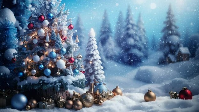 Christmas scene with xmas tree and ornaments, baubles and snow, holiday landscape with pine forest