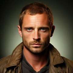 Obraz premium A challenged man in his 30s looks forward with narrowed eyes against a grey pastel background, reflecting determination and challenge.