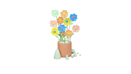 3d image of flowers in a vase, on a white background