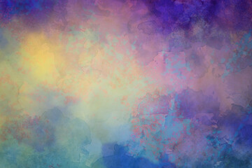 Colorful background. Cloudy watercolor painted texture in abstract background design.  Purple blue pink and yellow sunset sky colors. - 634534150