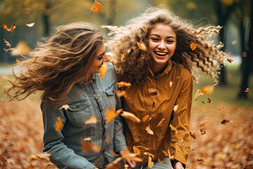 Two friends in cozy sweaters enjoying a leaf fight in a park.