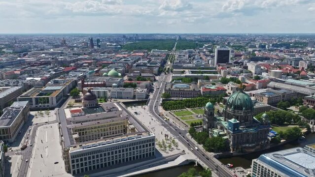 Aerial drone view of the boulevard Unter den Linden , Berlin mitte , Germany