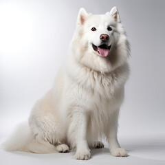 A majestic Samoyed radiates beauty and confidence in a studio.