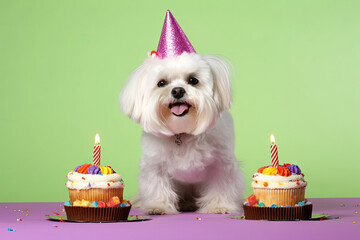 A cute Maltese dog wearing a cupcake birthday hat against a celebratory backdrop.