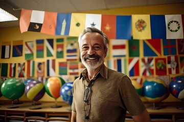 Senior man in a classroom with many balloons and flags of different countries - obrazy, fototapety, plakaty