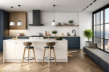 Modern kitchen interior with furniture, kitchen interior with white wall. 3D rendering