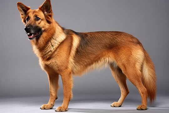 A sharply focused image of a Canis lupus familiaris, a German Shepherd, with intelligent brown eyes and a black-and-tan coat, against a solid gray background.