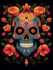 Design, Day of the Dead inspired sugar skull, vibrant color palette, decorated with Halloween elements like bats, spiders and pumpkins. AI Generated Images