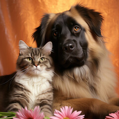 A heartwarming moment captured between a gentle Leonberger and a kitten in a studio setting with a gold pastel backdrop.