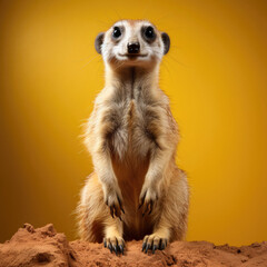 Fototapeta premium A vigilant and inquisitive meerkat stands on its hind legs against a solid brown background.