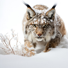 Obraz premium A mysterious lynx silently moves through a snowy landscape.